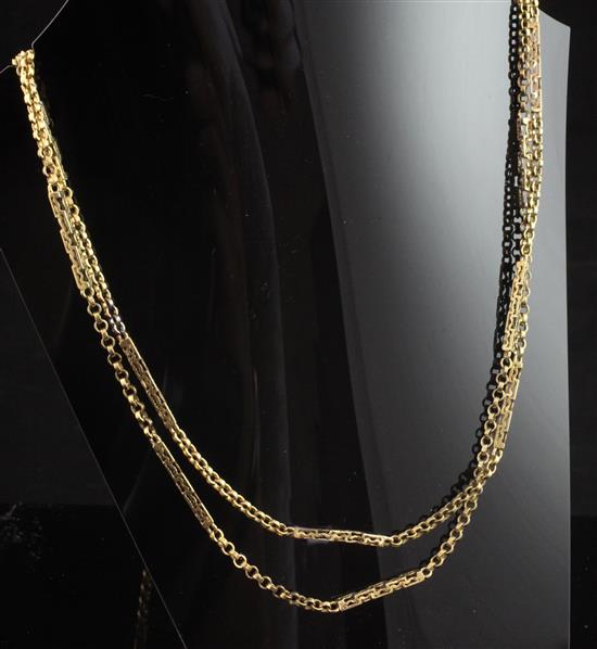 A 9ct gold pierced fancy link guard chain, 35 grams.